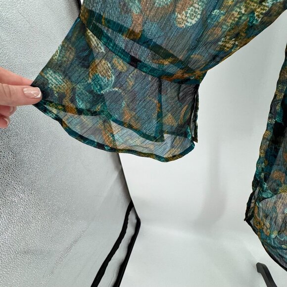 Catherines Teal  Floral Sheer Blouse Front Tie‎ Neck Flared Sleeves Chiffon 1X - Picture 4 of 7